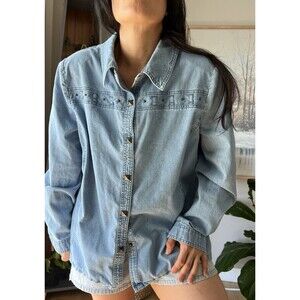 vtg 90s allison Daley Western button up denim rodeo blouse shirt studded size 18